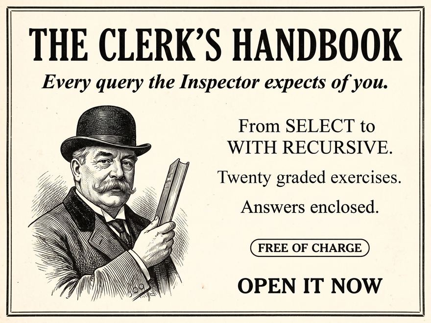 The Clerk's Handbook: every query the Inspector expects of you. From SELECT to WITH RECURSIVE. Twenty graded exercises, answers enclosed. Free of charge. Open it now.