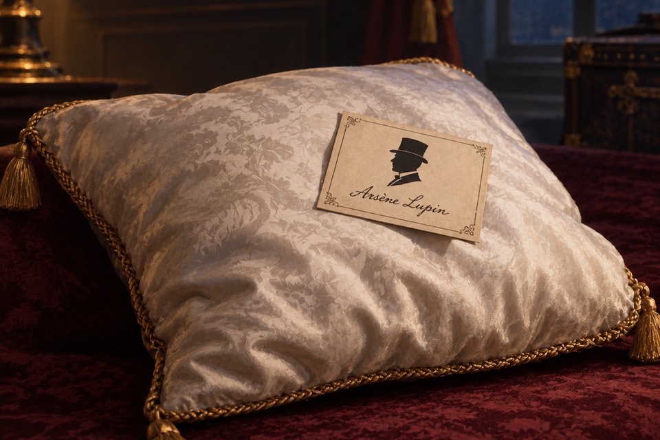 A calling card signed A. L., lying on a white damask pillow with gold tassels